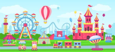 Lunapark, lunapark eğlenceleri, panayır gezileri. Çizgi film sirki çadırı, çocuk şatosu, rollercoaster Vector illüstrasyonu