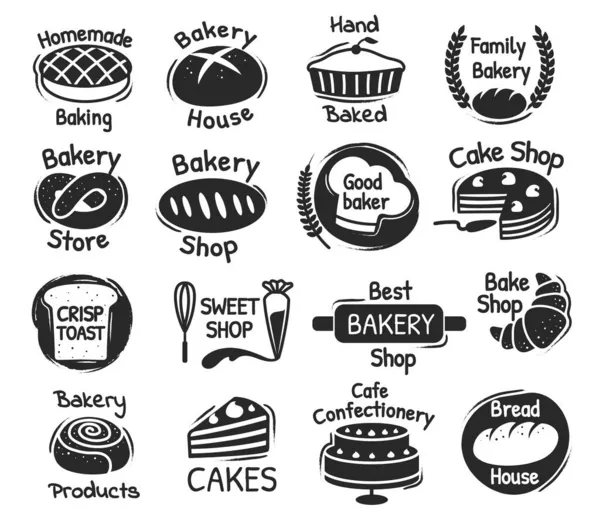 Pékség bolt felirat logó, cukrászda és desszertek címkék. Finom kézzel készített sütemények, sütőipari termékek csomagolóbélyegző design vektor készlet — Stock Vector