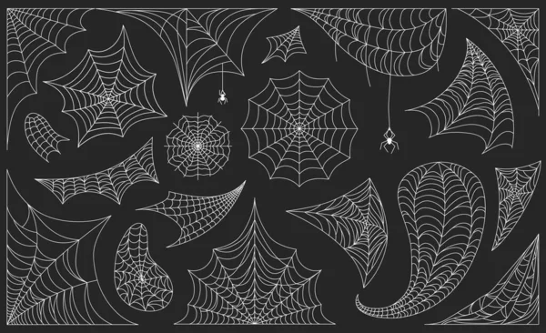Halloween pókhálók pókokkal, fekete pókhálókkal és határokkal. Ijesztő pókháló keret vagy sarok dekoráció, kísérteties web sziluett vektor készlet — Stock Vector