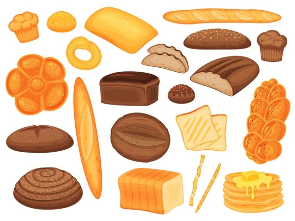 漫画パン製品、パン、パンやペストリー。バゲット、マフィン、パンケーキ、全粒小麦パン、自家製おいしいペストリーベクトルセット — ストックベクタ