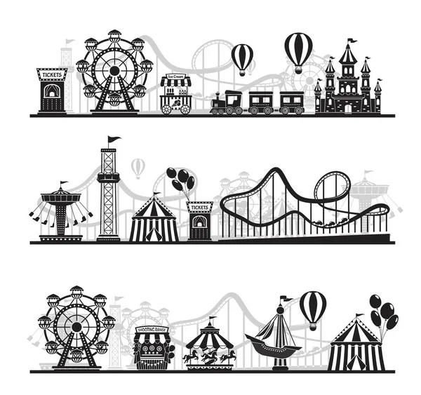 Amusement park landschap silhouet, kermis attracties. Roller achtbaan, draaimolen, horizontale kermis attractie vector achtergrond set — Stockvector