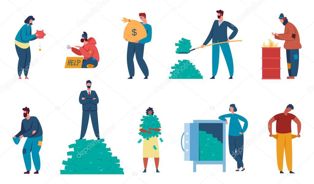 Rich and poor people, billionaire and homeless beggar character. Finance inequality, poverty, different social class characters vector set