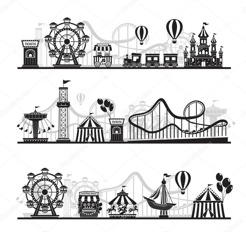 Amusement park landscape silhouette, carnival fairground rides. Roller coaster, carousel, horizontal funfair attraction vector background set