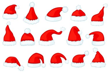Çizgi film Noel Baba şapkaları, Noel Baba şapkaları. Xmas fotoğraf kabini aksesuarları, kış tatili yeni yıl partisi kostüm unsurları vektörü