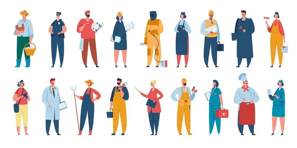 Szakmunkások egyenruhában, férfiak és nők különböző foglalkozásokkal. Mérnök, nővér, séf, rendőrnő, építész, gazda vektor készlet — Stock Vector
