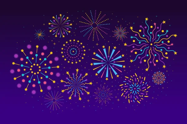 Fireworks in night sky, abstract holiday celebration background. Colorful salutes festive firework, holiday or birthday party vector illustration — Stock Vector