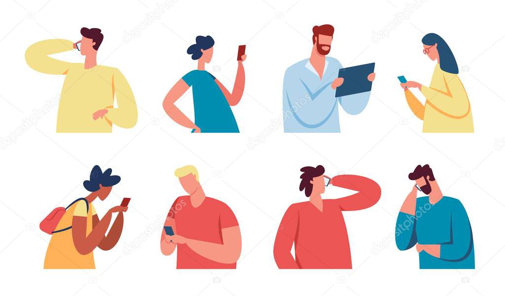 People with gadgets, young characters use mobile phones or tablets. Men and women talking on smartphone, texting, using social media vector set