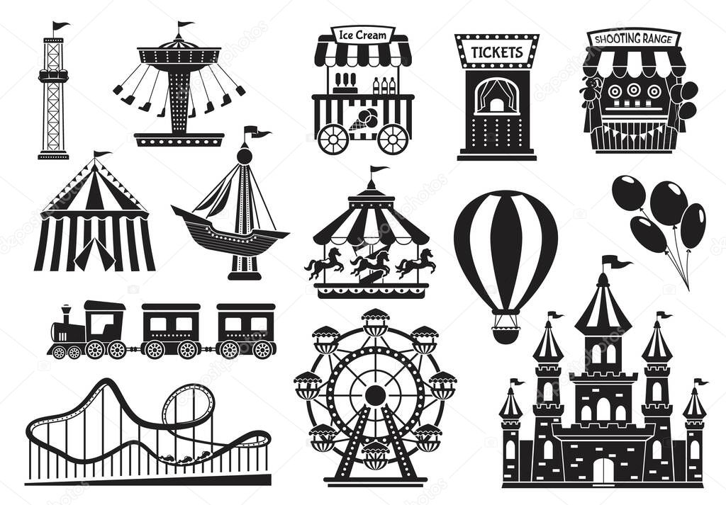 Amusement park silhouette elements, carnival fairground attractions. Kids carousel, roller coaster, circus tent, funfair rides icon vector set