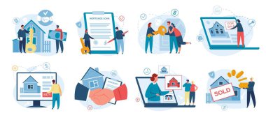 Emlak araması, online emlak piyasası, ipotek kredisi. Aile satın alma ya da daire kiralama, sanal konut turu konsept vektörü