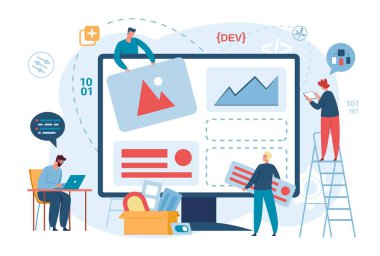 Web geliştiricileri ve tasarımcılar web sitesi, web sayfası tasarımı inşa ederler. Yazılım geliştirme, kodlama ve programlama, web siteleri vektör konsepti tasarımı