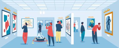 Sanat galerisindeki insanlar, sergilere bakan karakterler. Kadın resim ya da heykele hayran, modern müze vektör illüstrasyonu