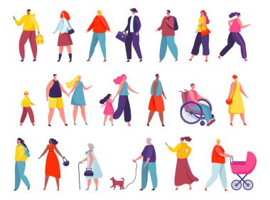 Şehir caddesinde ya da parkta gezen aktif insanlar, dışarıda şık tipler. Erkek köpek gezdirme, kadın koşma, çocuklu ebeveynler yürüyüş vektörü seti.