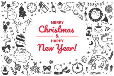 Elle çizilmiş Noel kartı, Xmas poster şablonu. Kış tatili süslemeleri vektör illüstrasyonlu yeni yıl bayrağı