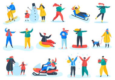 Sıcak kıyafetler giymiş insanlar parkta kış aktiviteleri yapıyorlar. Snowboard, binadaki kardan adam, buz pateni, kayak vektörü seti