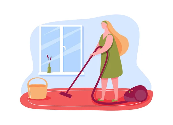 Žena v domácnosti vysávání a dělat domácí práce, čistý byt — Stockový vektor
