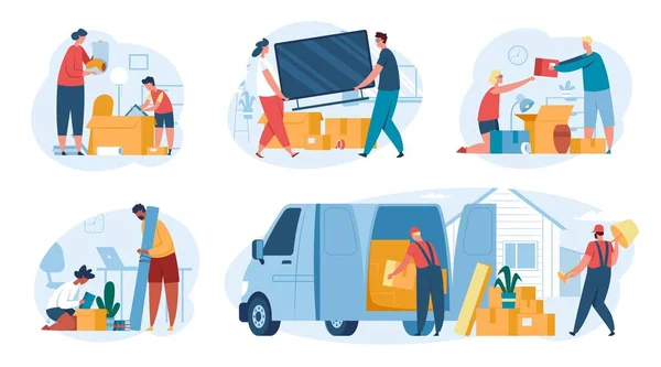 People moving houses, family relocating to new home. Characters unpacking things, delivery workers loading boxes in truck vector set — Stock Vector