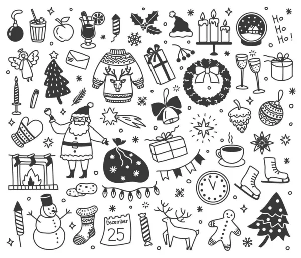 Dessins de Noël, dessins dessinés à la main. Mignon nouvel an hiver décorations, cadeaux, père Noël, bonhomme de neige éléments doodle ensemble vectoriel — Image vectorielle