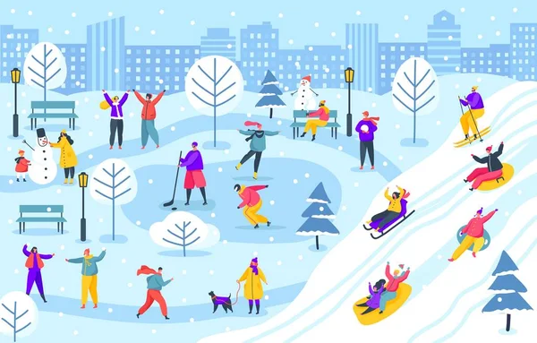 Kış kenti parkındaki insanlar, kayak yapan ya da buz pateni yapan karakterler. Aile kardan adam yapıyor ve kışın açık hava vektör çizimlerinde eğleniyor. — Stok Vektör