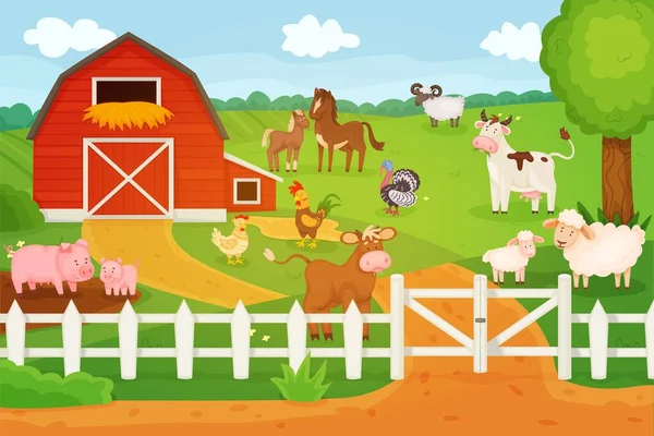 Animaux de dessin animé vivant à la ferme, vache, mouton, poulet. Paysage rural avec grange et personnages d'animaux, illustration vectorielle du mode de vie rural — Image vectorielle