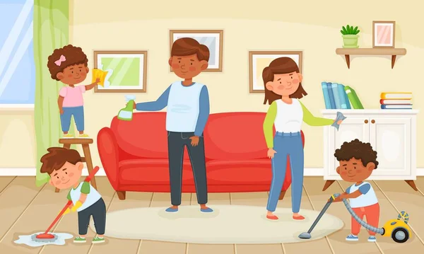 Rodinný úklid, děti pomáhající rodičům s domácími pracemi. Otec a matka s dětmi oprašování a vysávání podlahy Vektorové ilustrace — Stockový vektor