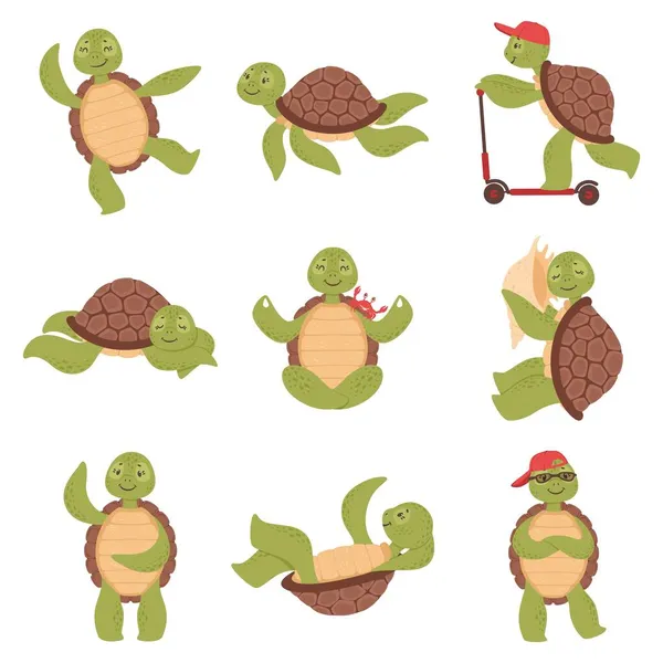 Kreskówkowe żółwie, śmieszne żółwie postacie. Szczęśliwy mały żółw pływanie, spanie lub uprawianie jogi, morze wodne zwierząt wektor zestaw — Wektor stockowy
