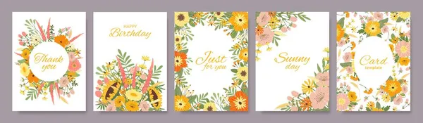 春の花と花のグリーティングカード、植物パターンカード。野生の花の背景誕生日招待状、ポスターテンプレートベクトルセット — ストックベクタ