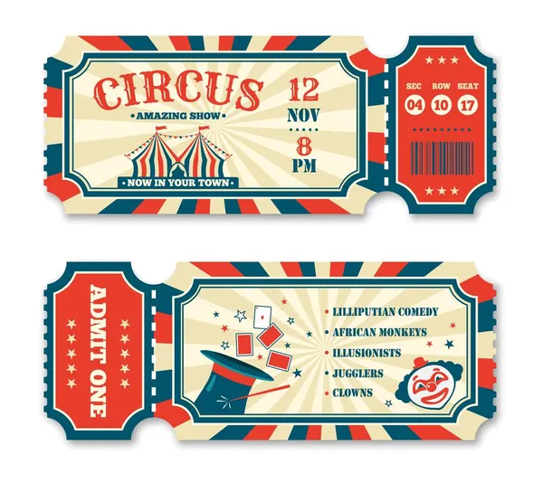Modelo de bilhete de circo vintage, bilhetes de entrada de carnaval antigos. Convite de show de magia retrô, parque de diversões ou parque de diversões conjunto de vetor de cupom de entrada — Vetor de Stock