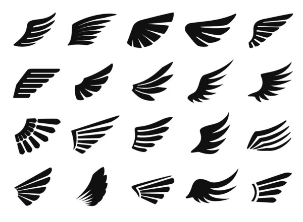 Ikona skrzydła, logo skrzydeł ptaków, latający godło orła. Czarny minimalny zestaw ikon wektorowych piór ptaków, jastrzębia heraldycznego lub feniksa — Wektor stockowy