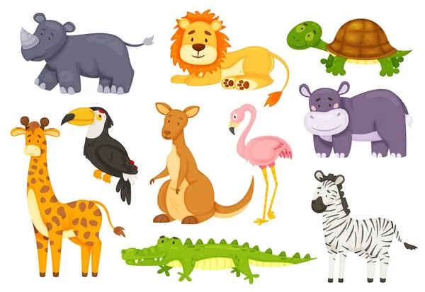 Desenhos animados animais africanos engraçados, animal safári selvagem. Zebra bonito, rinoceronte, flamingo, girafa, crocodilo, canguru, leão, conjunto de vetores de vida selvagem na selva — Vetor de Stock