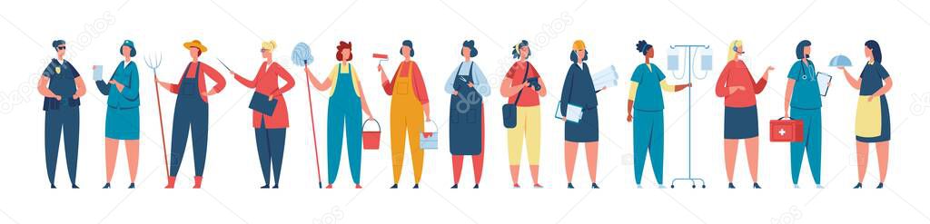 Professional female worker in uniform, women of different occupations. Diverse group of women workers standing together vector illustration