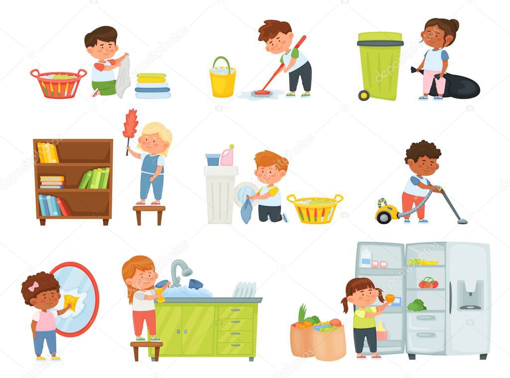 Cartoon kids doing housework, children helping with chores. Boys and girls vacuuming, dusting, washing dishes, mopping floor vector set