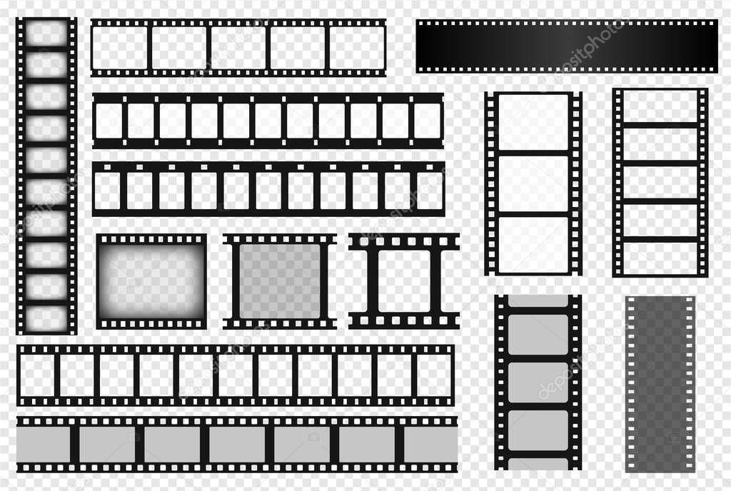 Cinema film strips, old movie reel frame, filmstrip roll. Vintage photo or video camera tape template, blank negative films strips vector set