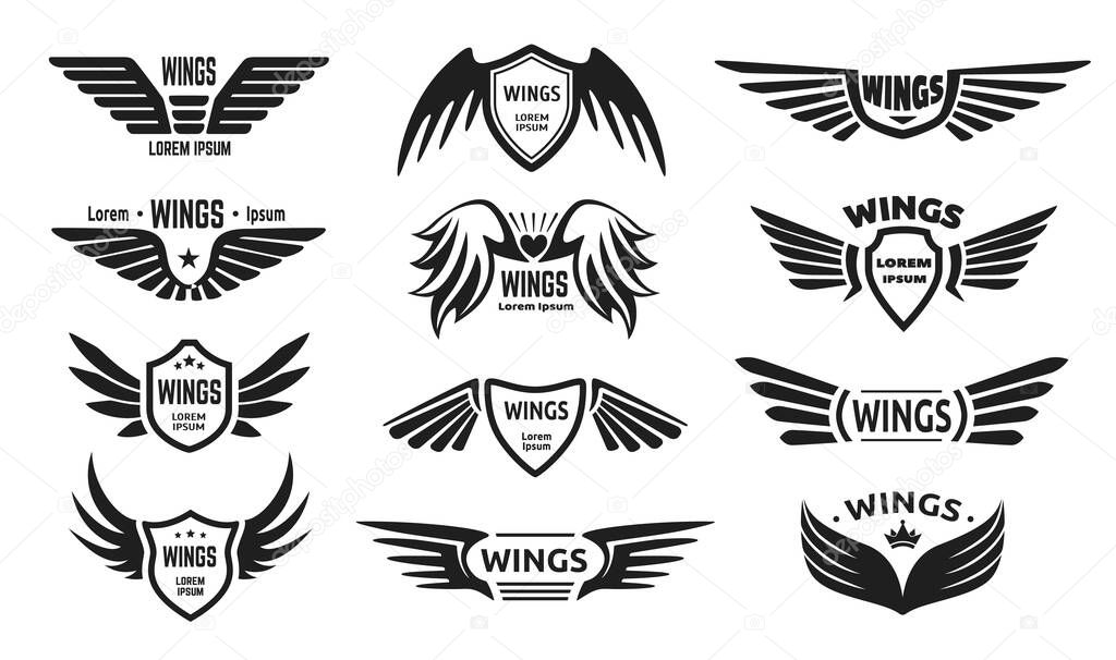 Eagle wing logo, wings with shield badge, pilot winged emblem. Black military insignia, flying falcon army label, angel wings logos vector set