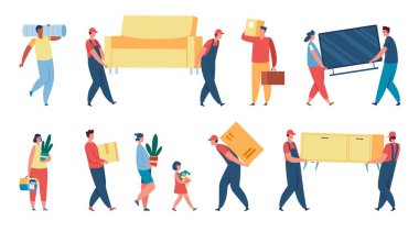 Kutu gibi şeyler taşıyan insanlar üniformalı yükleyiciler mobilya taşıyor. Paketli kargo işçisi, karton kutu vektörü seti tutan karakter