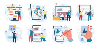 Yazılım geliştiricileri ve programcılar iş başında, kodlama ve programlama konsepti. Uygulama geliştirme vektörü seti üzerinde çalışan profesyonel web tasarımcıları