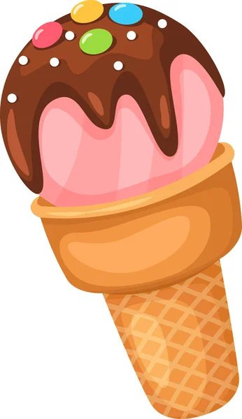 Cono de helado con bolas dulces y cobertura — Vector de stock