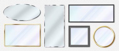Altın veya siyah çerçeveli gerçekçi aynalar, yansıtıcı cam yüzeyler. Farklı şekillerde 3D ayna, iç mobilya ögeleri vektörü seti