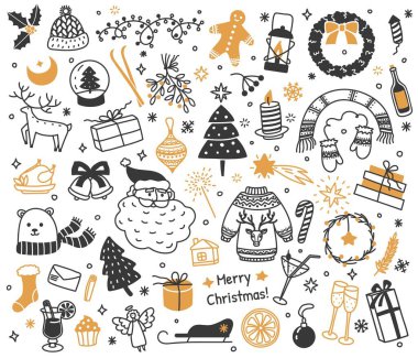 Yeni yıl karalamaları, Noel el çizimleri. Çelenk, Noel Baba, Noel Baba parti dekorasyonu, kış tatili karalama çizim vektörü seti