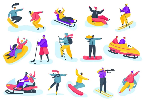 Atividades esportivas de inverno, pessoas se divertindo esquiando e snowboard. Esquiadores profissionais e snowboarders, conjunto de vetor de atividades da temporada de inverno — Vetor de Stock
