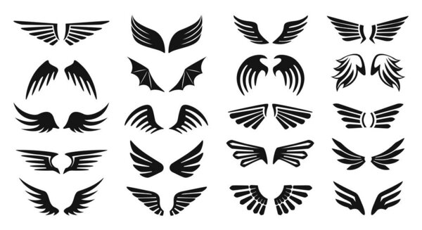 Pair of wings icon, flying birds wing silhouette logo. Black heraldic eagle or angel wings, hawk or phoenix badge, tattoo, insignia icons set