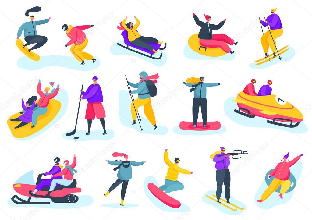 Winter sports activities, people having fun skiing and snowboarding. Professional skiers and snowboarders, winter season activity vector set