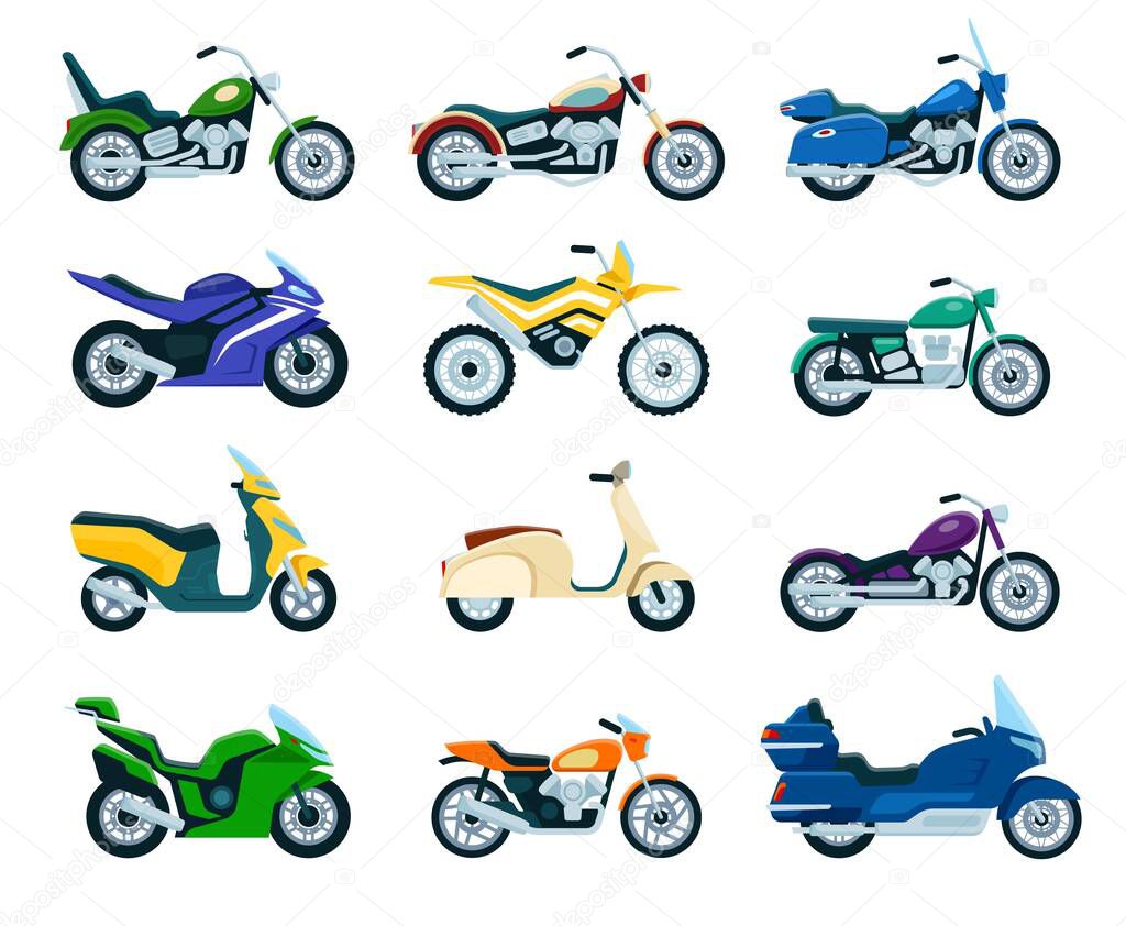 Motorcycles, motorbike, delivery scooter, chopper flat icon. Vintage motorcycle, side view different types of motorbiking vehicles vector set