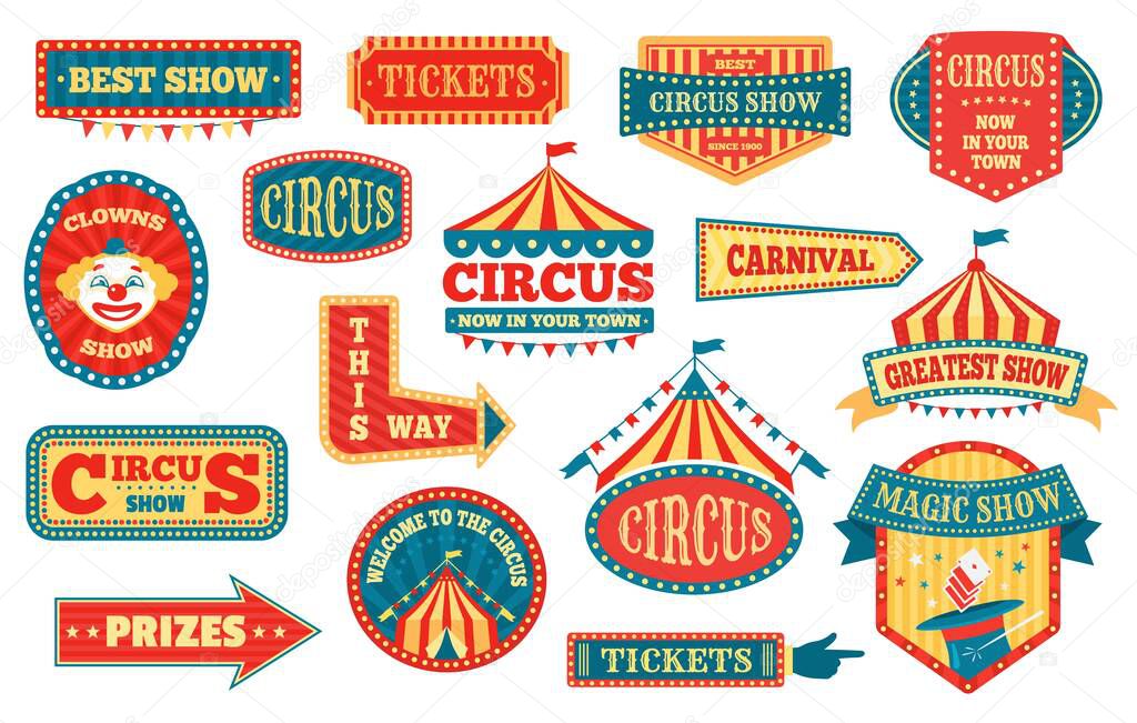 Circus labels, carnival signs and badges, funfair signboards. Vintage magic show sign, amusement park or festival event emblems vector set
