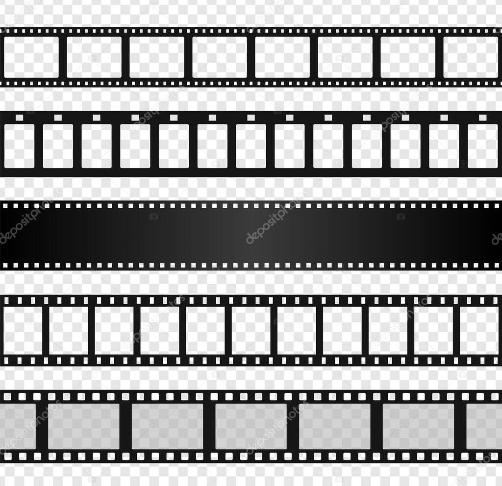 Blank film strip template, black movie reel photo frame. Retro cinema filmstrip, old negative reels camera, seamless films strips vector set