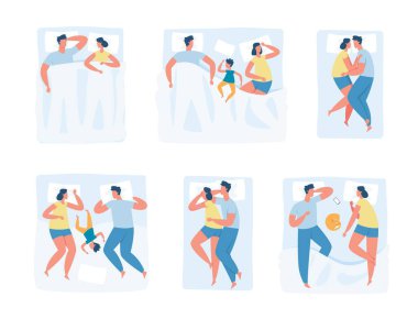 Farklı uyku pozisyonlarında çiftler, aile yatakta birlikte yatıyor. Çocuk ailesiyle yatıyor, genç çift uyku vektörü setinde sarılıyor.