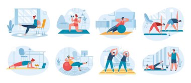 İnsanlar evde egzersiz yapıyor, evde spor yapıyor ya da kardiyo çalışması yapıyor. Yoga, esneme, aerobik egzersiz yapan karakterler vektör kümesi