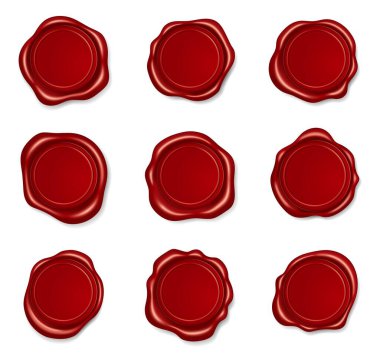 Gerçekçi kırmızı balmumu mühür, yuvarlak mühür. Zarf veya sertifika için kabartma zarf pulu, ortaçağ mühürlü harf etiketi vektörü