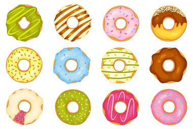 Farklı malzemeli çizgi film çörekleri, lezzetli tatlı tatlılar. Çikolata kaplı ve serpiştirilmiş donut, donut pasta vektörü seti