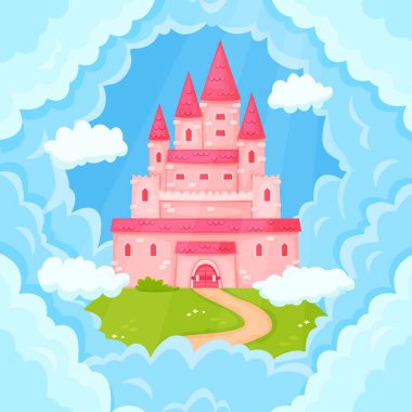 Çizgi roman prensesi bulutlardaki pembe kale kuleleri. Gökyüzünde uçan sihirli krallık sarayı, sevimli ortaçağ fantezi malikânesi illüstrasyonu