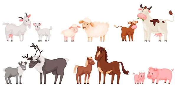 Zeichentrick-Bauernhof-Tierfamilie, niedliche Babytiere und ihre Mütter. Mutterschwein mit kleinen Ferkeln, Schaf und Lamm, Kuh und Kalb Vektor-Set — Stockvektor